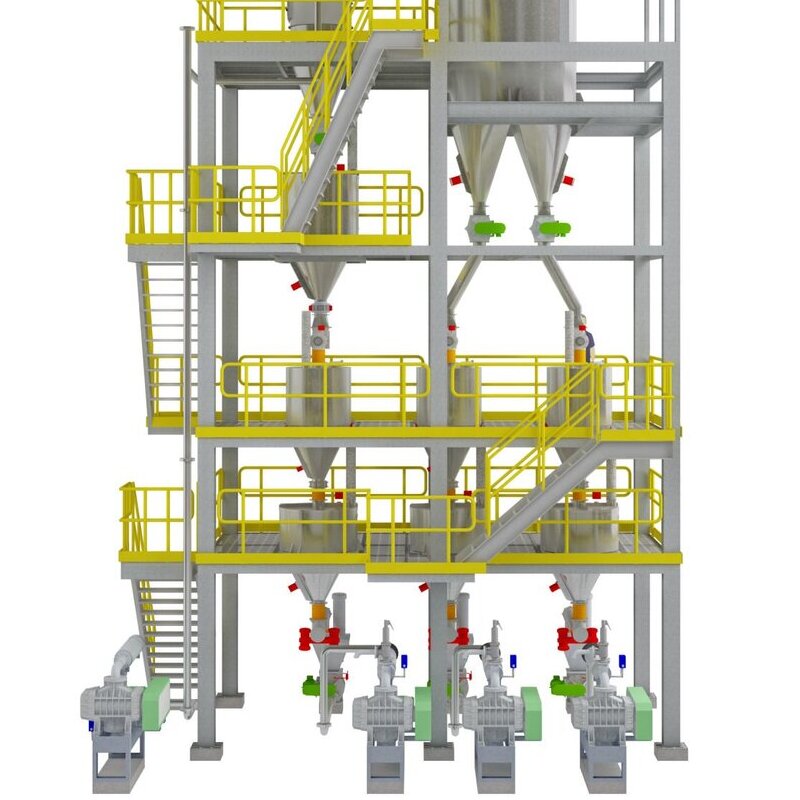3D model of a dosing system with silos, featuring two vertical structures supported by steel frameworks with multiple platforms and staircases. Each structure includes a cylindrical silo at the top for material storage, conical hoppers at the bottom for controlled material discharge, and various dosing equipment such as valves and conveyors at the base. The system is equipped with yellow railings for safety, and several pipes and components are visible for material transport and processing, indicating a setup designed for precise material dosing in an industrial environment.