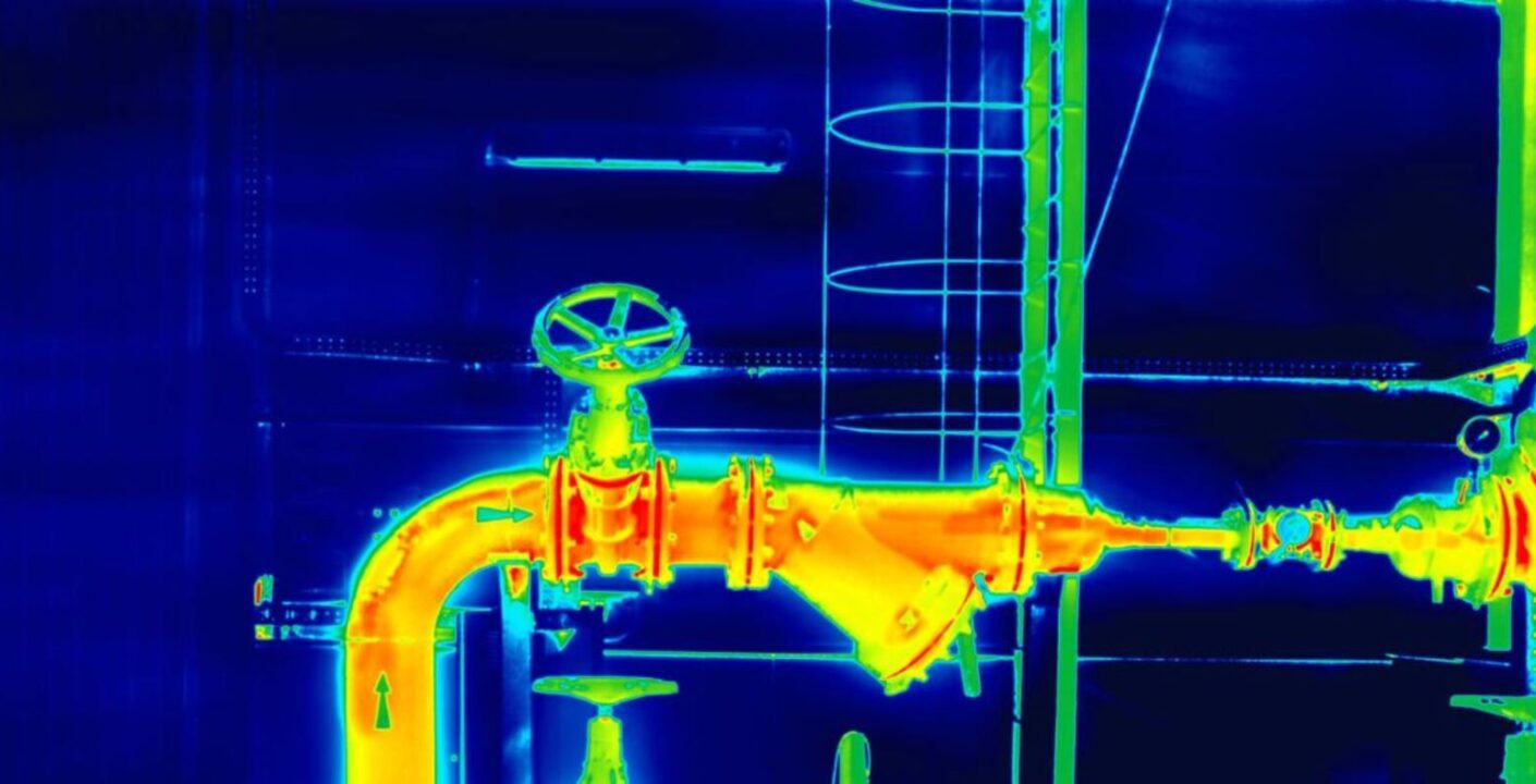 thermal (infrared) view of an industrial piping system. It shows a section of metal pipes with valves, illuminated in a color gradient ranging from blue to red, indicating varying temperatures. The blue areas represent cooler regions, while the yellow, orange, and red areas indicate higher temperatures. The pipes are part of a larger structure, possibly a processing or manufacturing facility, with visible supports and additional fittings. The thermal imaging highlights potential heat leaks or hotspots, which could be useful for maintenance or efficiency analysis.