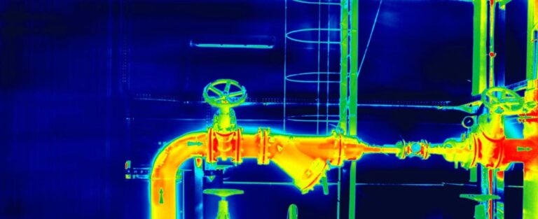 thermal (infrared) view of an industrial piping system. It shows a section of metal pipes with valves, illuminated in a color gradient ranging from blue to red, indicating varying temperatures. The blue areas represent cooler regions, while the yellow, orange, and red areas indicate higher temperatures. The pipes are part of a larger structure, possibly a processing or manufacturing facility, with visible supports and additional fittings. The thermal imaging highlights potential heat leaks or hotspots, which could be useful for maintenance or efficiency analysis.