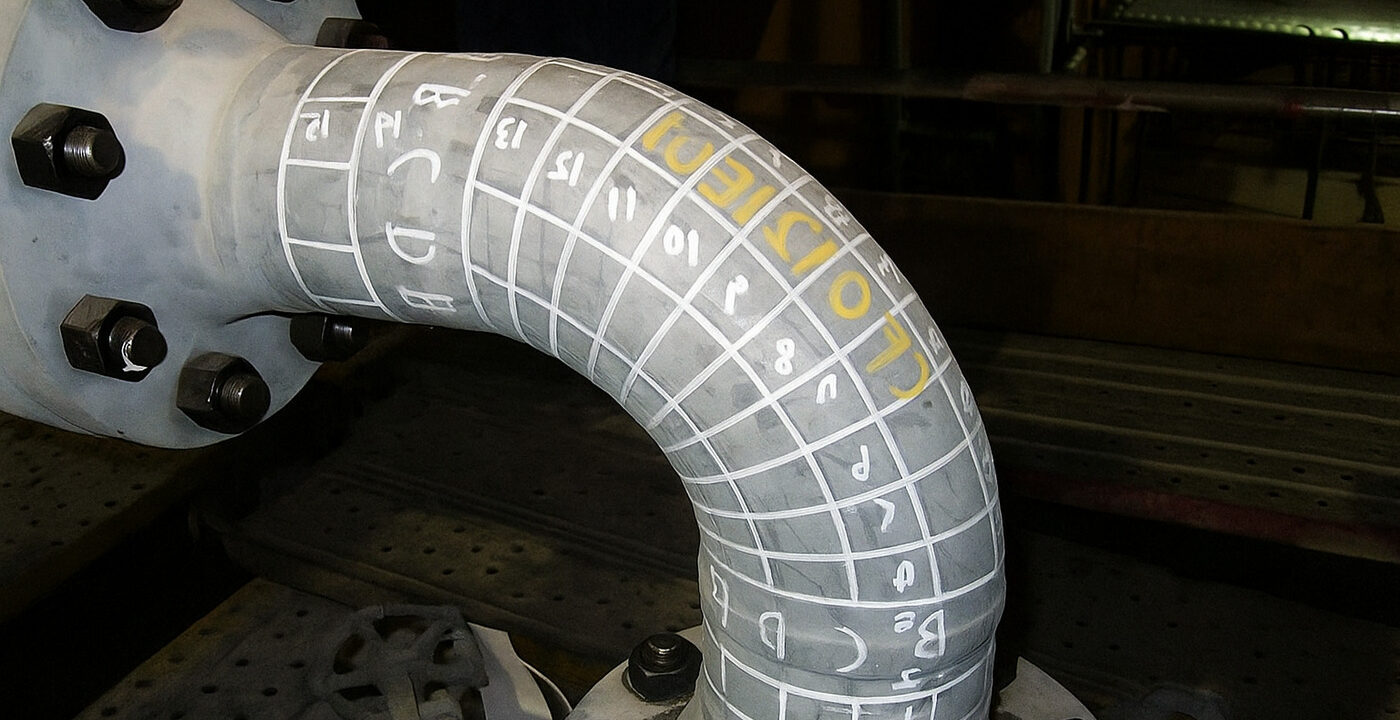 metal pipe elbow with a grid pattern marked on its surface. The grid appears to be part of a non-destructive testing procedure, most likely ultrasonic thickness measurements (UT), used to assess the wall thickness and structural integrity of the pipe. Within the grid, there are various numbers and letters, which likely represent measurement values or specific inspection codes. A prominent yellow marking "F0121E01" is visible, which serves as an identifier for the pipe or inspection area. The pipe is bolted to a flange, indicating that it is part of a pressurized piping system, probably used in an industrial environment such as a refinery, chemical plant, or power station.