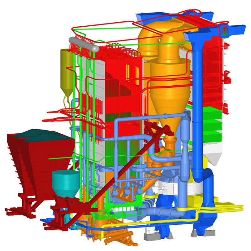 3D model of a coal-fired grate boiler system featuring a large red hopper for coal storage, multiple colored pipes and ducts in red, green, blue, yellow, and orange for fuel and air supply, a central vertical section with red and gray panels forming the combustion chamber, a yellow conical cyclone for ash separation, blue vertical pipes for exhaust or steam transport, and additional green and orange components, all representing a complex coal combustion and heat generation unit with intricate piping and structural details.