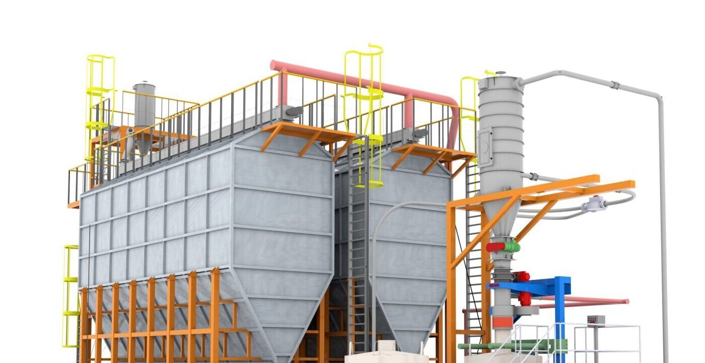3D model of an industrial setup, likely a material processing or storage system. It features two large, rectangular hoppers or silos with slanted bottoms, supported by an orange metal framework. There are yellow ladders and railings for access, and a cylindrical structure on the right, possibly a dust collector or filter, connected by pipes. A conveyor system with a blue platform and red/green components is attached, suggesting material handling. The design includes safety features like guardrails and a structured layout for operational efficiency.