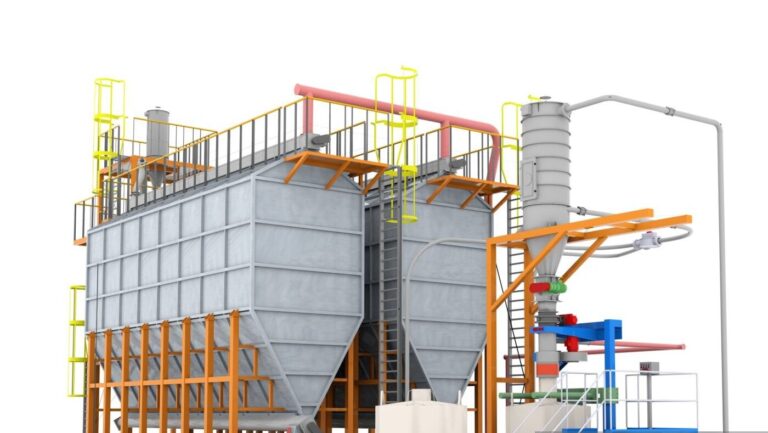 3D model of an industrial setup, likely a material processing or storage system. It features two large, rectangular hoppers or silos with slanted bottoms, supported by an orange metal framework. There are yellow ladders and railings for access, and a cylindrical structure on the right, possibly a dust collector or filter, connected by pipes. A conveyor system with a blue platform and red/green components is attached, suggesting material handling. The design includes safety features like guardrails and a structured layout for operational efficiency.