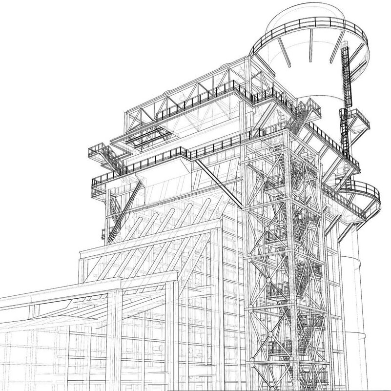 technical drawing of an industrial structure, specifically a Heat Recovery Steam Generator (HRSG). It features a tall, multi-level framework with various platforms, staircases, and railings. At the top, there is a large cylindrical component, likely a drum or pressure vessel, with a domed roof. The structure includes numerous beams and supports, indicating a robust design for heavy-duty industrial use. The drawing is in a wireframe style, showing the skeletal layout of the HRSG installation.