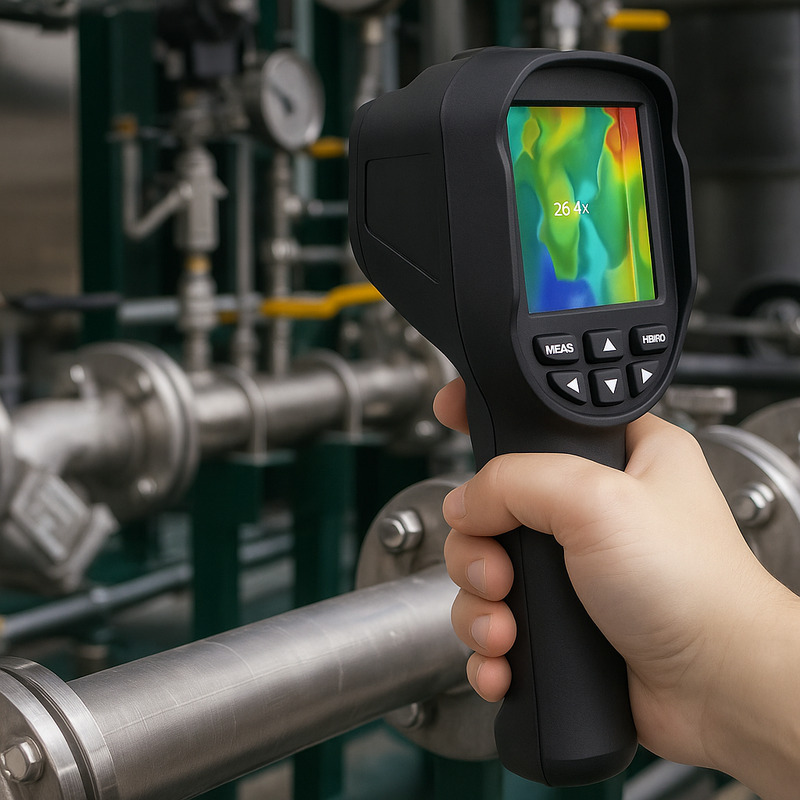 hand holding a thermal imaging device, displaying a colorful temperature image (in this case, 26.4°C) on its screen. The device is aimed at a system of pipes and valves in an industrial environment, likely a factory or industrial facility. The background includes metal pipes, valves, and other technical infrastructure elements.
