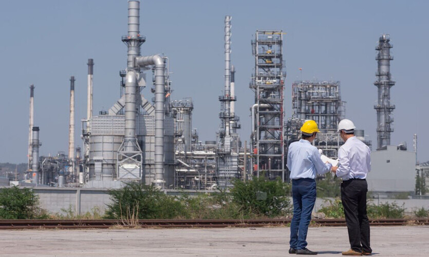 two engineers wearing safety helmets, one yellow and one white, standing and reviewing documents in front of a large industrial facility, likely a refinery or chemical plant. The background features tall chimneys, pipes, and various industrial structures under a clear sky. There are also some bushes and a railway track visible in the foreground.