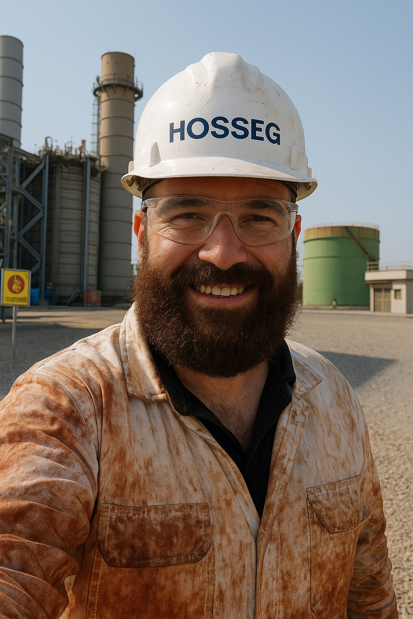 engineer wearing a white hard hat with the inscription "HOSSEG." He is dressed in a dirty white protective suit and holding a flashlight. He is in an industrial environment, likely a tunnel or large facility, with metal walls and pipes. There are lights and industrial structures in the background. In the second image, the engineer is outdoors in front of large industrial tanks and structures, still wearing the "HOSSEG" hard hat and a dirty suit.